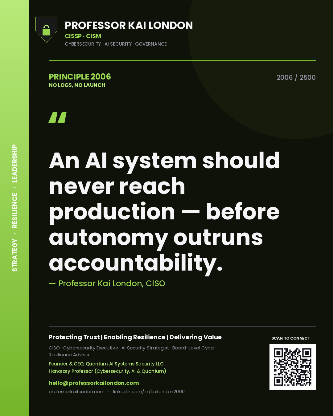 Quote card by Professor Kai London reading 'An AI system should never reach production — before autonomy outruns accountability.'. From the book No Logs, No Launch.