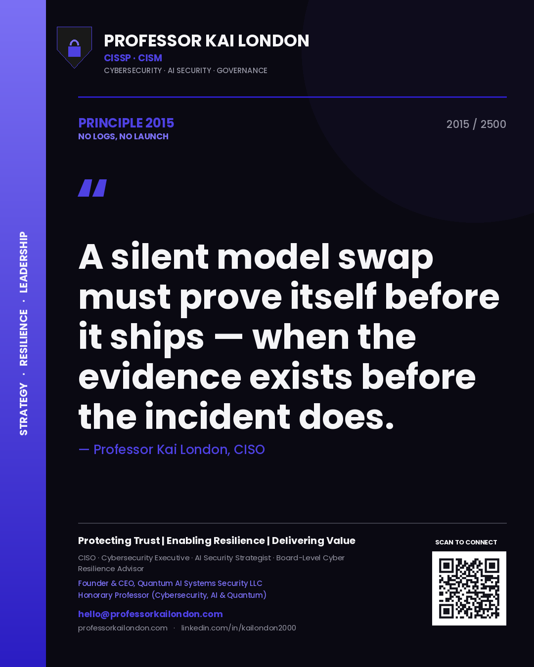 Professor Kai London principle 2015: A silent model swap must prove itself before it ships — when the evidence exists before the incident does.