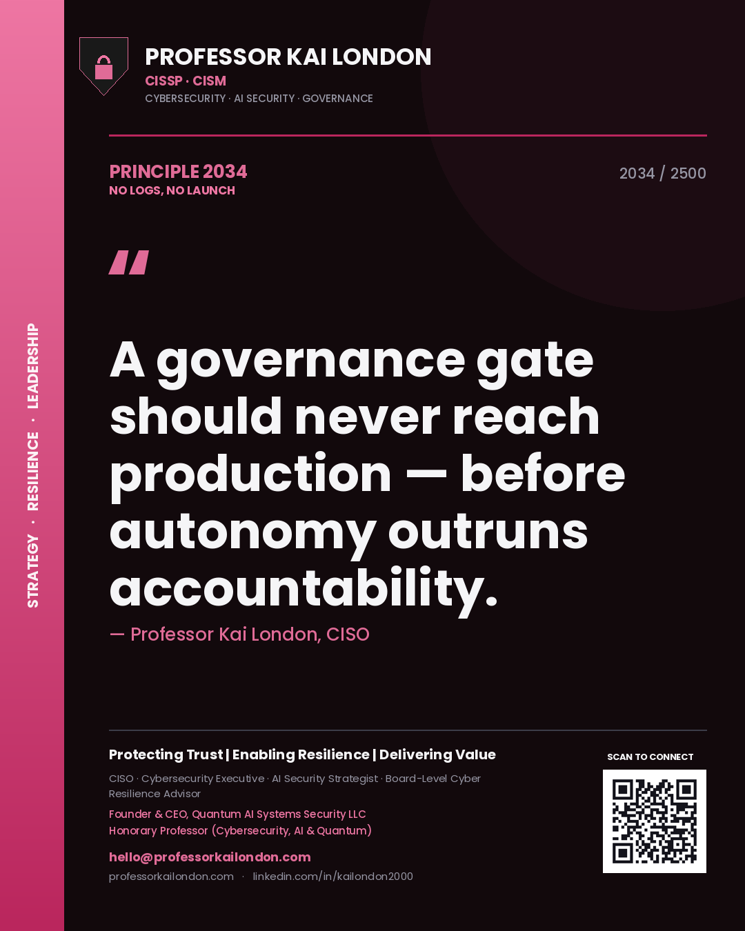 Quote card by Professor Kai London reading 'A governance gate should never reach production — before autonomy outruns accountability.'. From the book No Logs, No Launch.