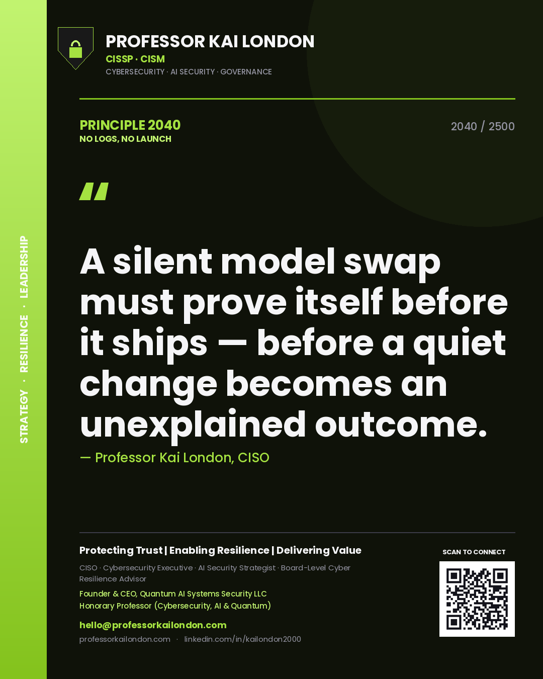 Professor Kai London principle 2040: A silent model swap must prove itself before it ships — before a quiet change becomes an unexplained outcome.