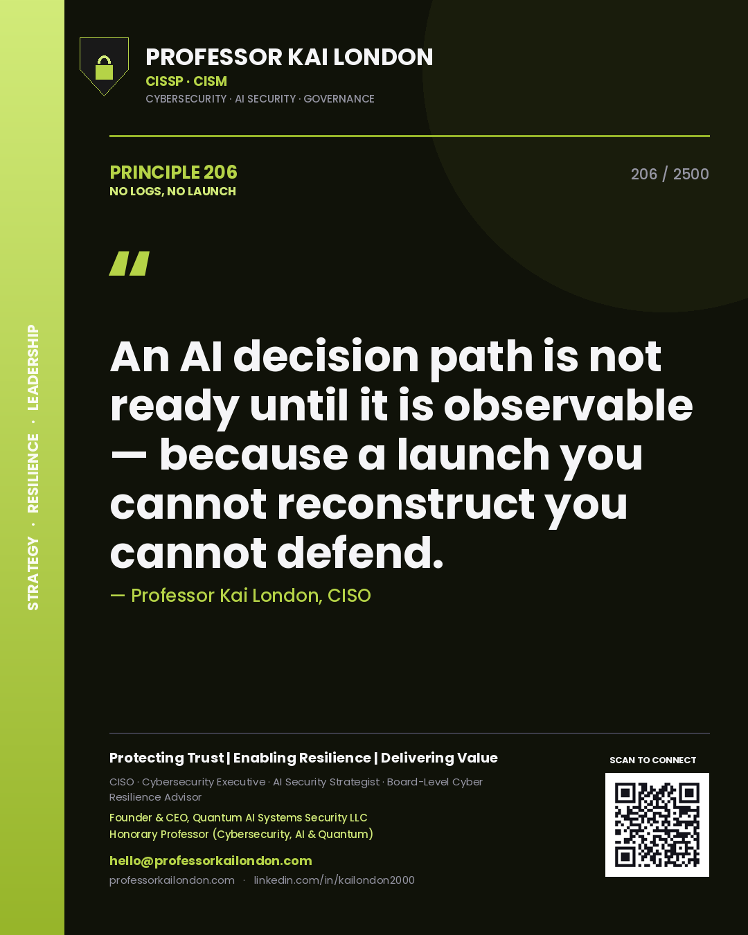 Quote card by Professor Kai London reading 'An AI decision path is not ready until it is observable — because a launch you cannot reconstruct you cannot defend.'. From the book No Logs, No Launch.