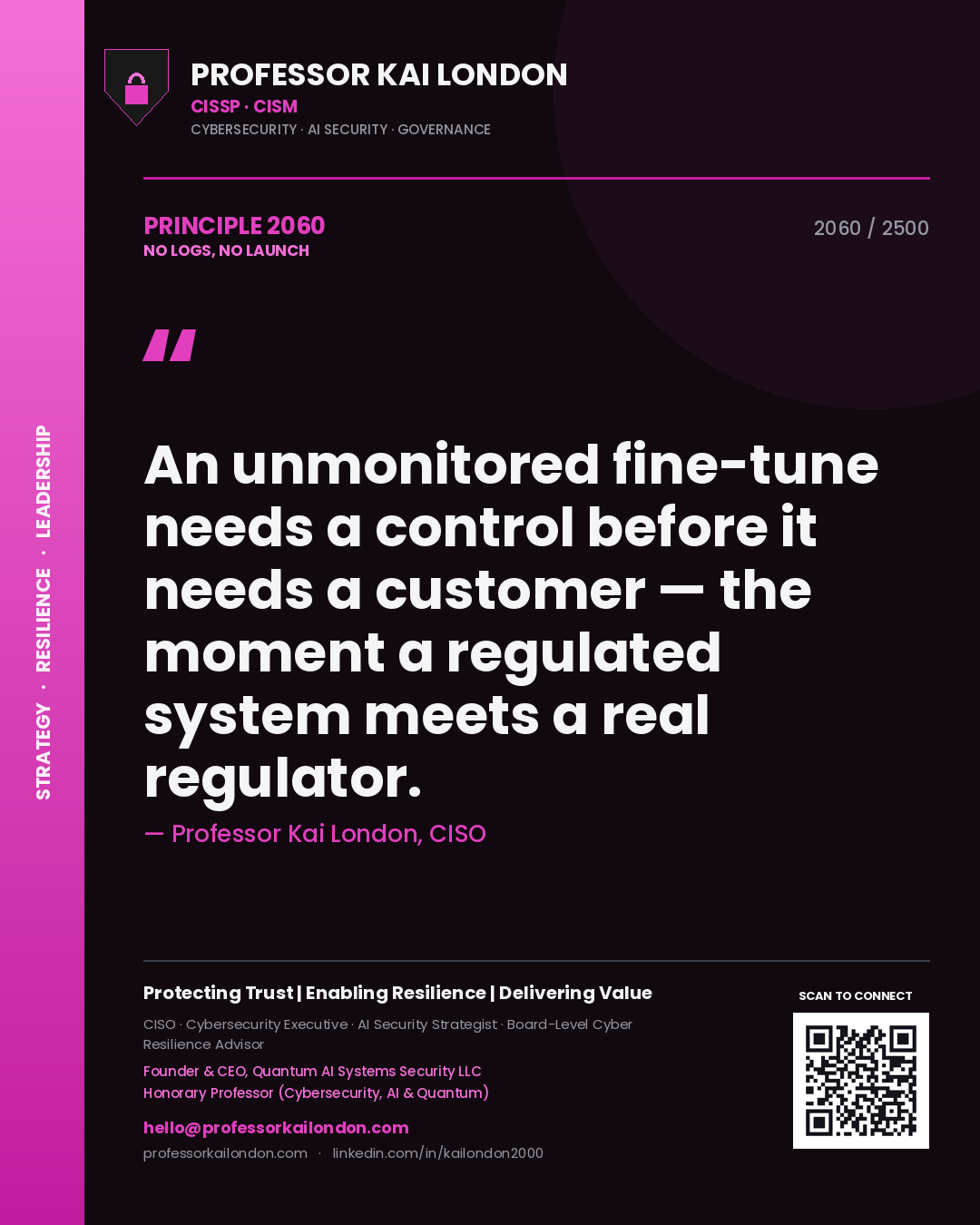 Professor Kai London principle 2060: An unmonitored fine-tune needs a control before it needs a customer — the moment a regulated system meets a real regulator.