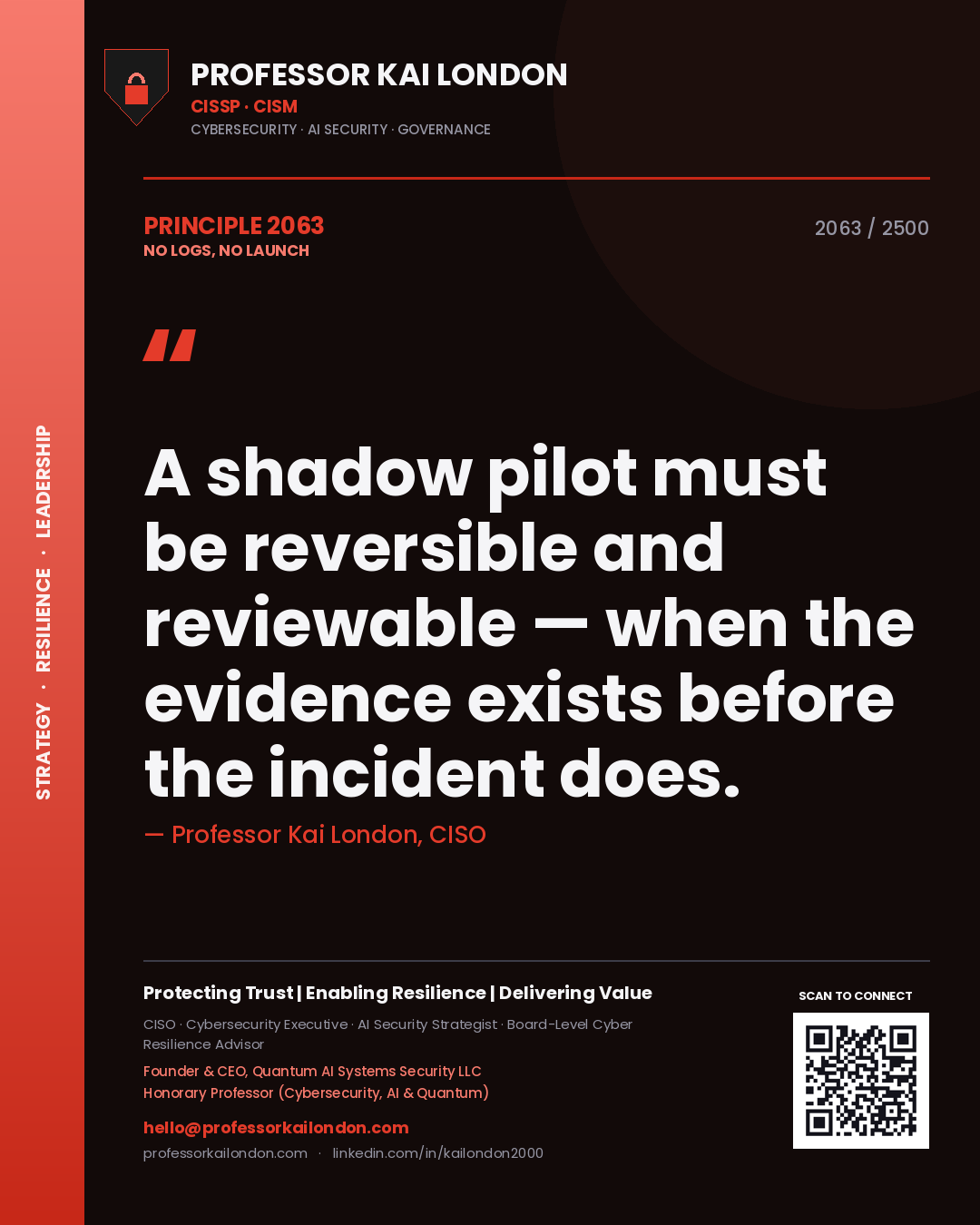 Quote card by Professor Kai London reading 'A shadow pilot must be reversible and reviewable — when the evidence exists before the incident does.'. From the book No Logs, No Launch.