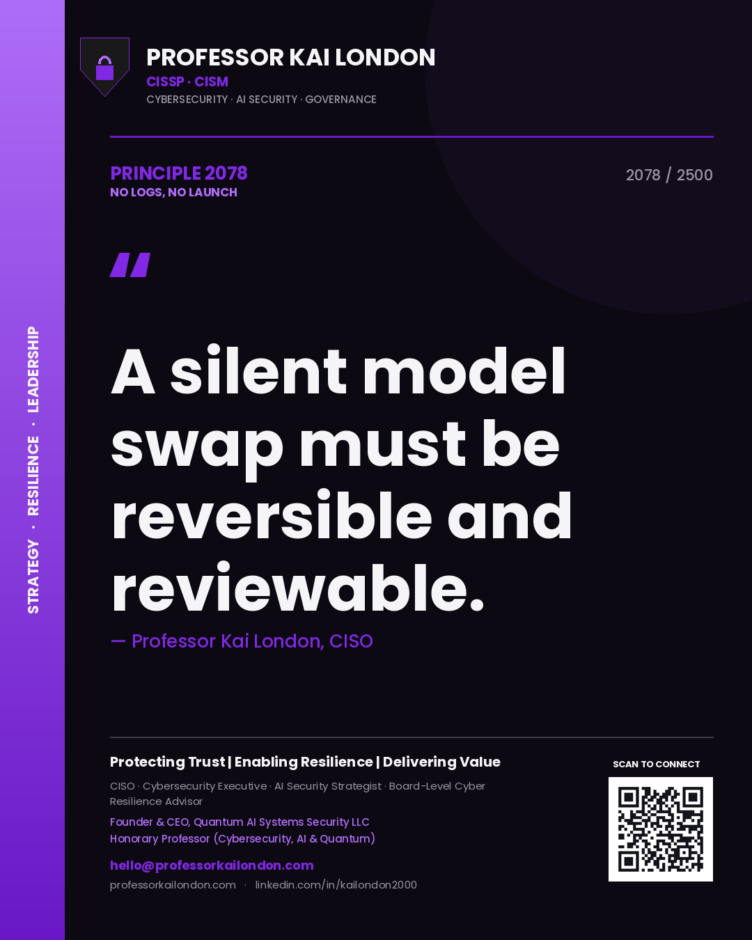 Professor Kai London principle 2078: A silent model swap must be reversible and reviewable.