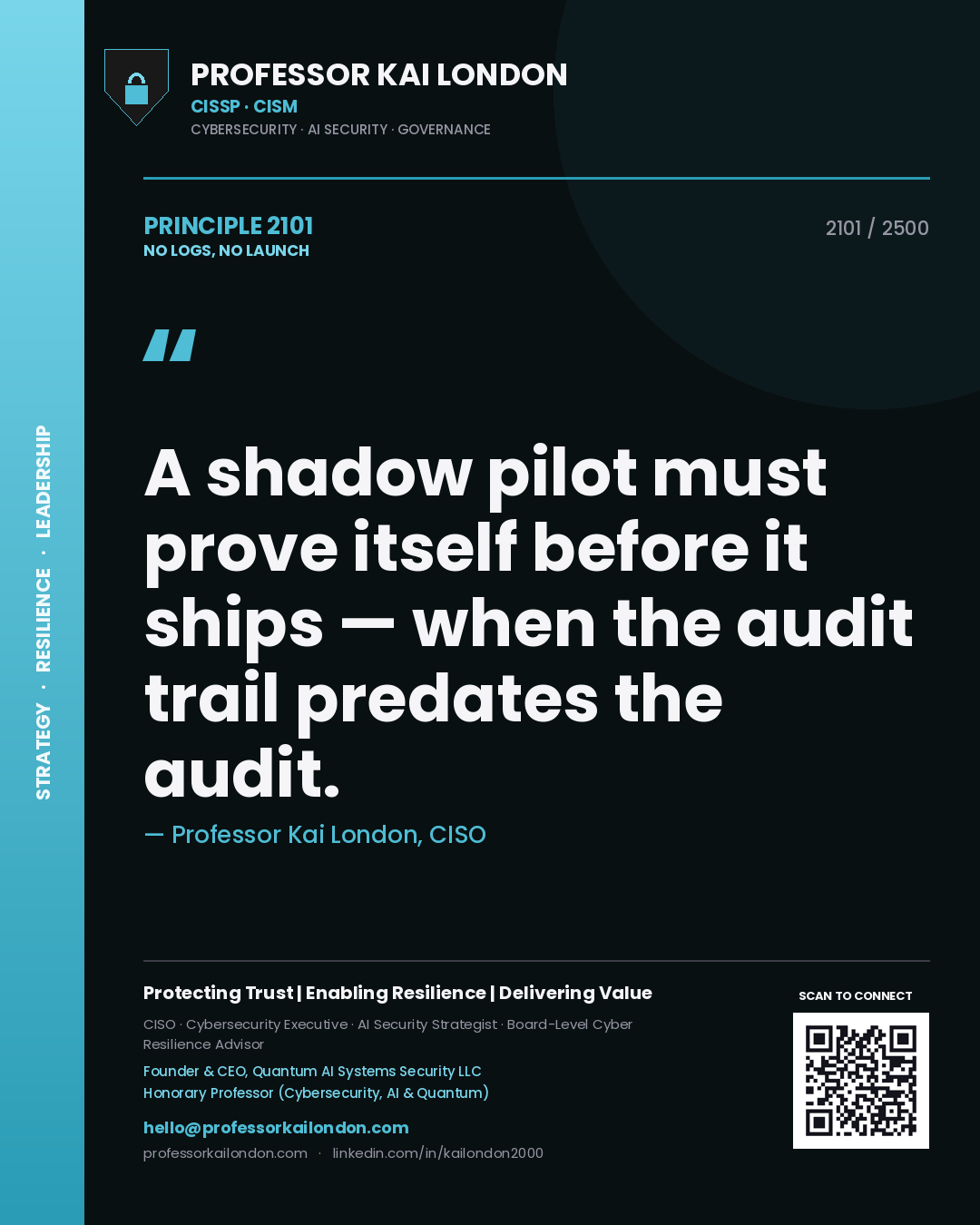 Quote card by Professor Kai London reading 'A shadow pilot must prove itself before it ships — when the audit trail predates the audit.'. From the book No Logs, No Launch.