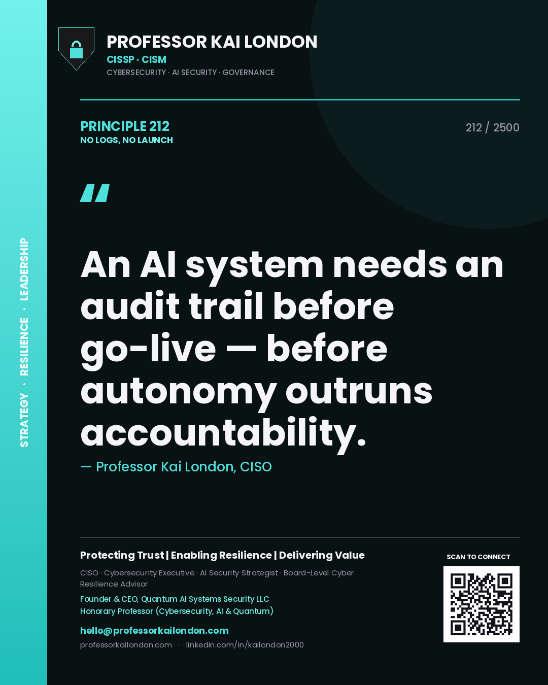 Professor Kai London principle 212: An AI system needs an audit trail before go-live — before autonomy outruns accountability.