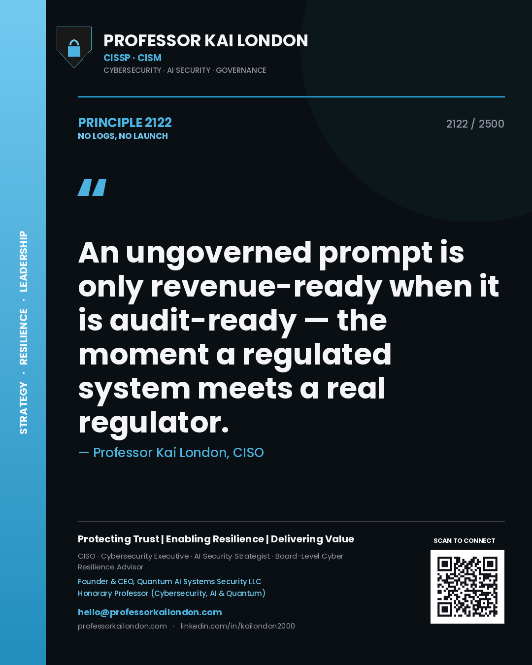 Professor Kai London principle 2122: An ungoverned prompt is only revenue-ready when it is audit-ready — the moment a regulated system meets a real regulator.