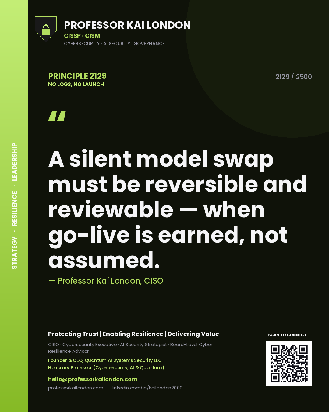 Professor Kai London principle 2129: A silent model swap must be reversible and reviewable — when go-live is earned, not assumed.