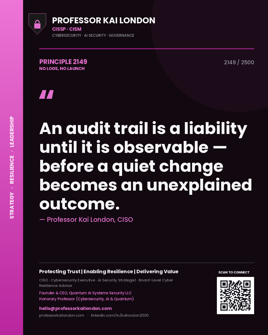 Professor Kai London principle 2149: An audit trail is a liability until it is observable — before a quiet change becomes an unexplained outcome.