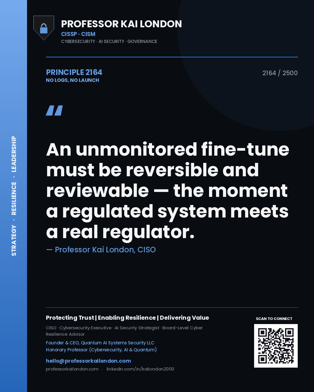 Quote card by Professor Kai London reading 'An unmonitored fine-tune must be reversible and reviewable — the moment a regulated system meets a real regulator.'. From the book No Logs, No Launch.