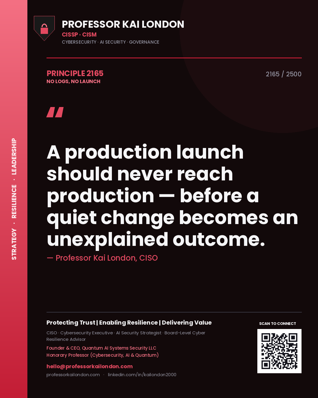 Professor Kai London principle 2165: A production launch should never reach production — before a quiet change becomes an unexplained outcome.