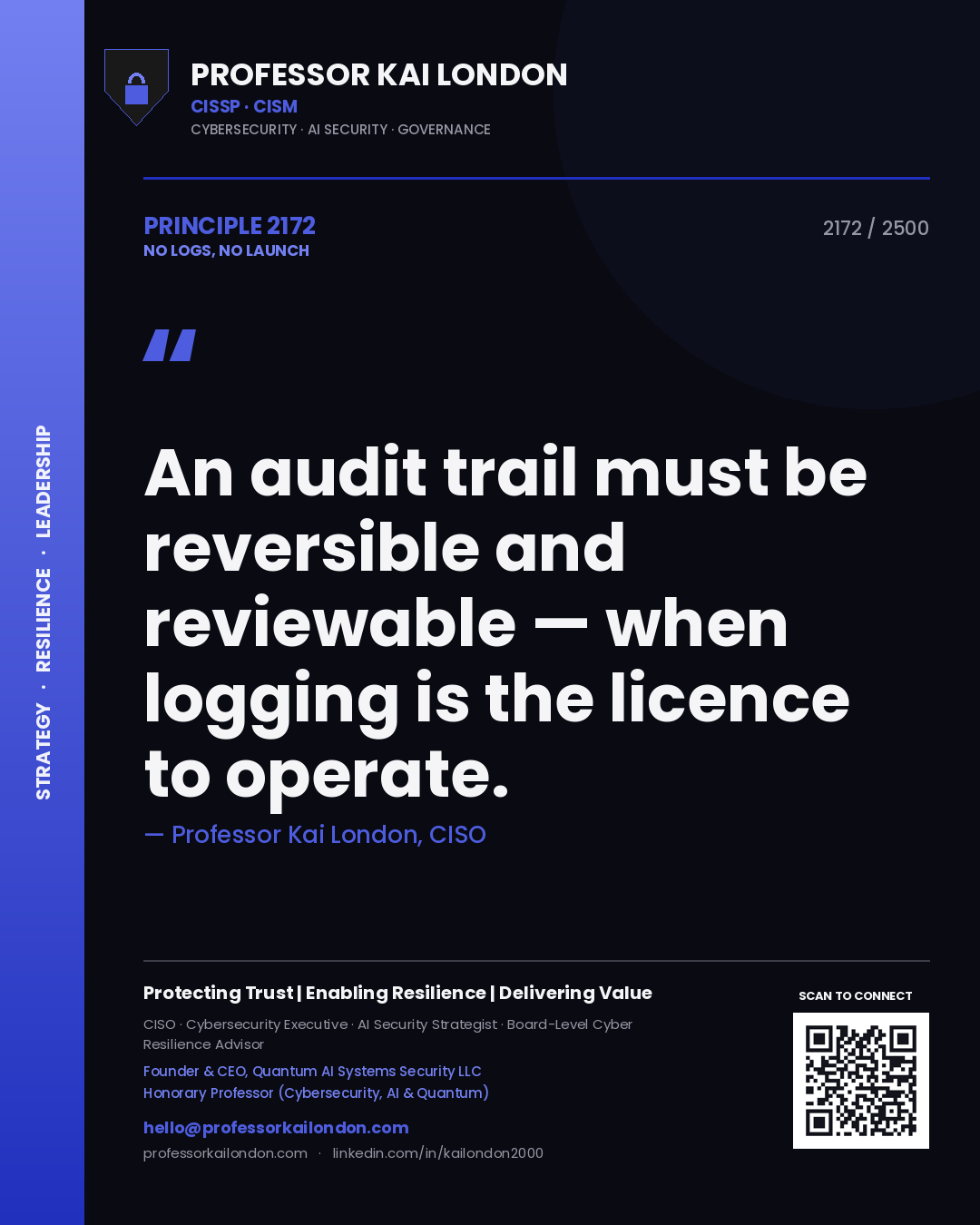 Professor Kai London principle 2172: An audit trail must be reversible and reviewable — when logging is the licence to operate.