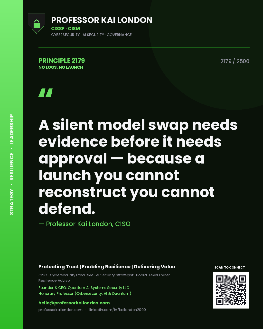 Professor Kai London principle 2179: A silent model swap needs evidence before it needs approval — because a launch you cannot reconstruct you cannot defend.