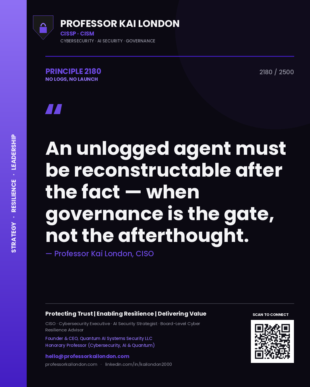 Professor Kai London principle 2180: An unlogged agent must be reconstructable after the fact — when governance is the gate, not the afterthought.