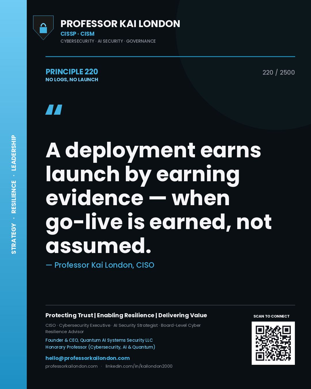 Professor Kai London principle 220: A deployment earns launch by earning evidence — when go-live is earned, not assumed.