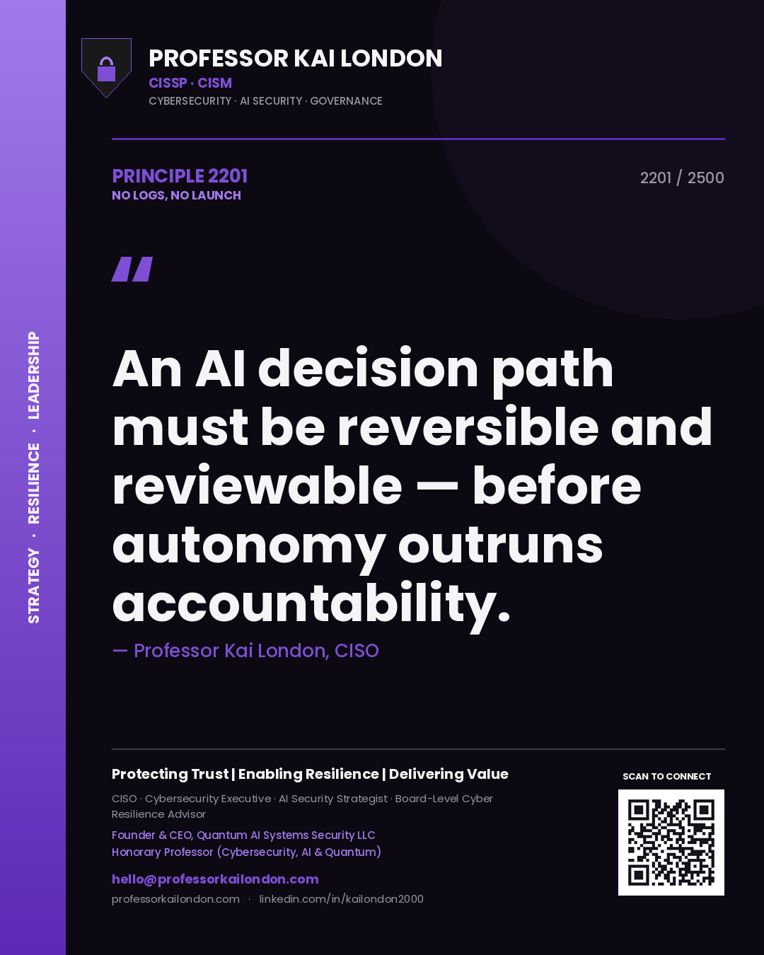 Professor Kai London principle 2201: An AI decision path must be reversible and reviewable — before autonomy outruns accountability.