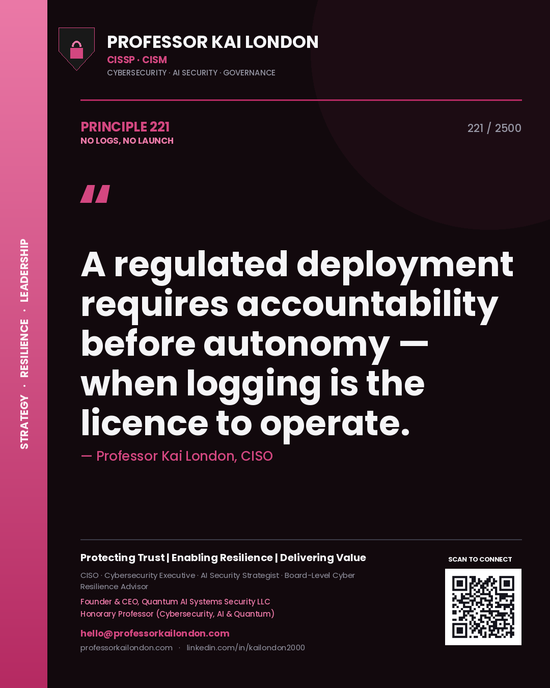 Quote card by Professor Kai London reading 'A regulated deployment requires accountability before autonomy — when logging is the licence to operate.'. From the book No Logs, No Launch.