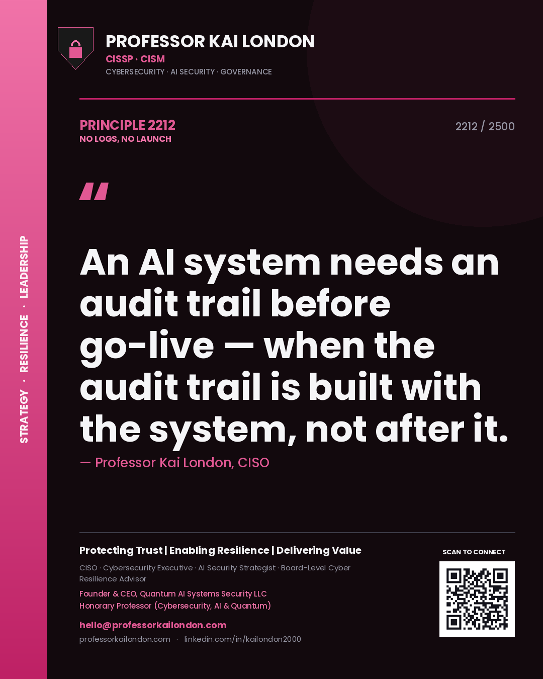 Professor Kai London principle 2212: An AI system needs an audit trail before go-live — when the audit trail is built with the system, not after it.