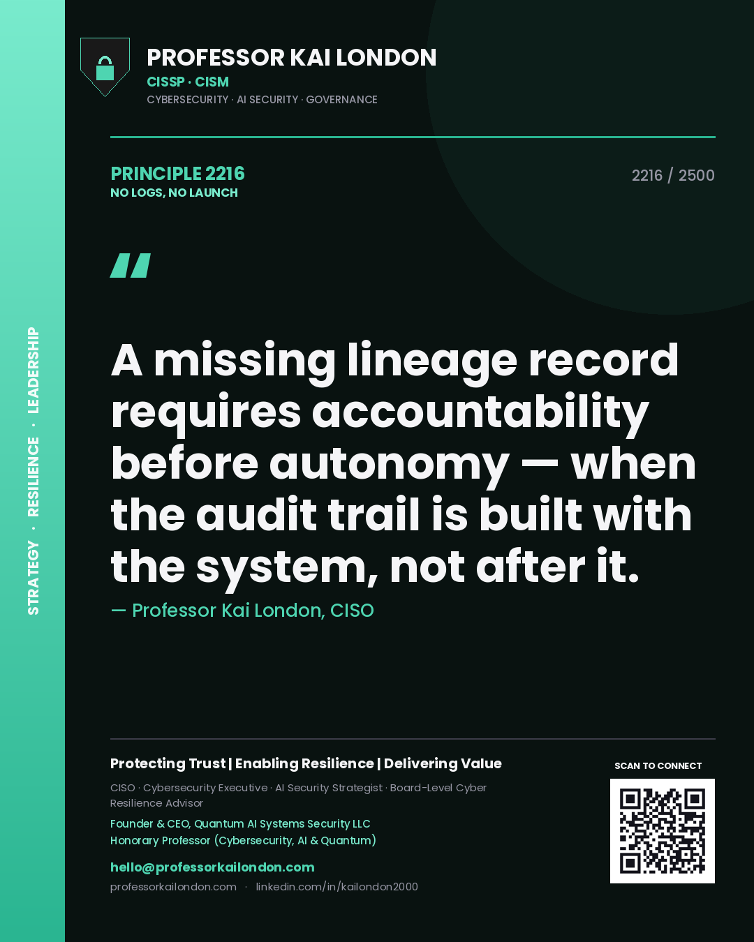 Professor Kai London principle 2216: A missing lineage record requires accountability before autonomy — when the audit trail is built with the system, not after it.