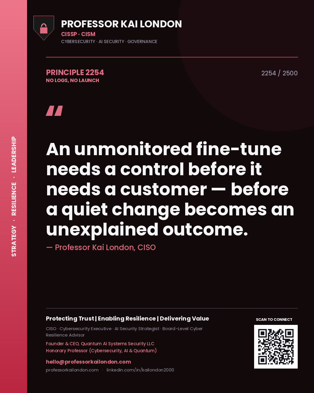 Quote card by Professor Kai London reading 'An unmonitored fine-tune needs a control before it needs a customer — before a quiet change becomes an unexplained outcome.'. From the book No Logs, No Launch.