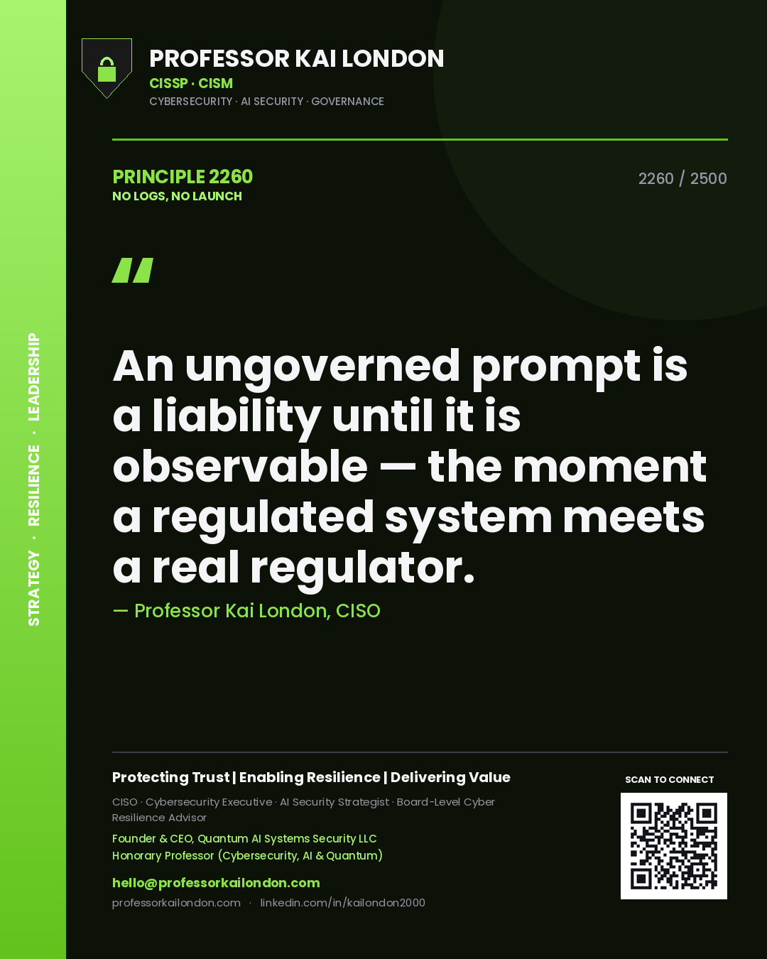 Professor Kai London principle 2260: An ungoverned prompt is a liability until it is observable — the moment a regulated system meets a real regulator.