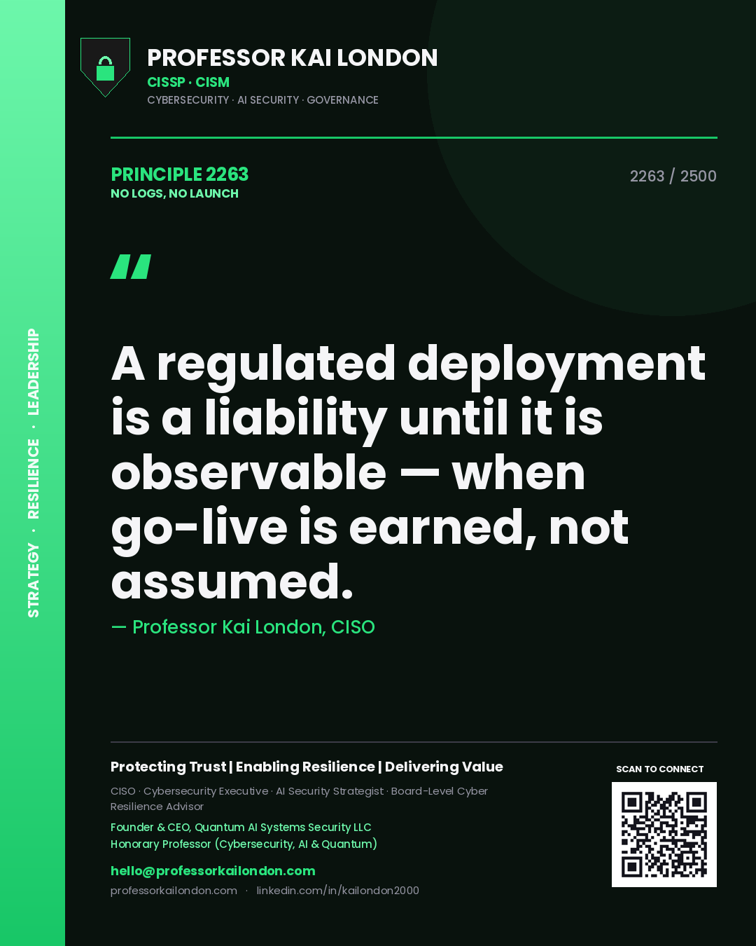 Professor Kai London principle 2263: A regulated deployment is a liability until it is observable — when go-live is earned, not assumed.