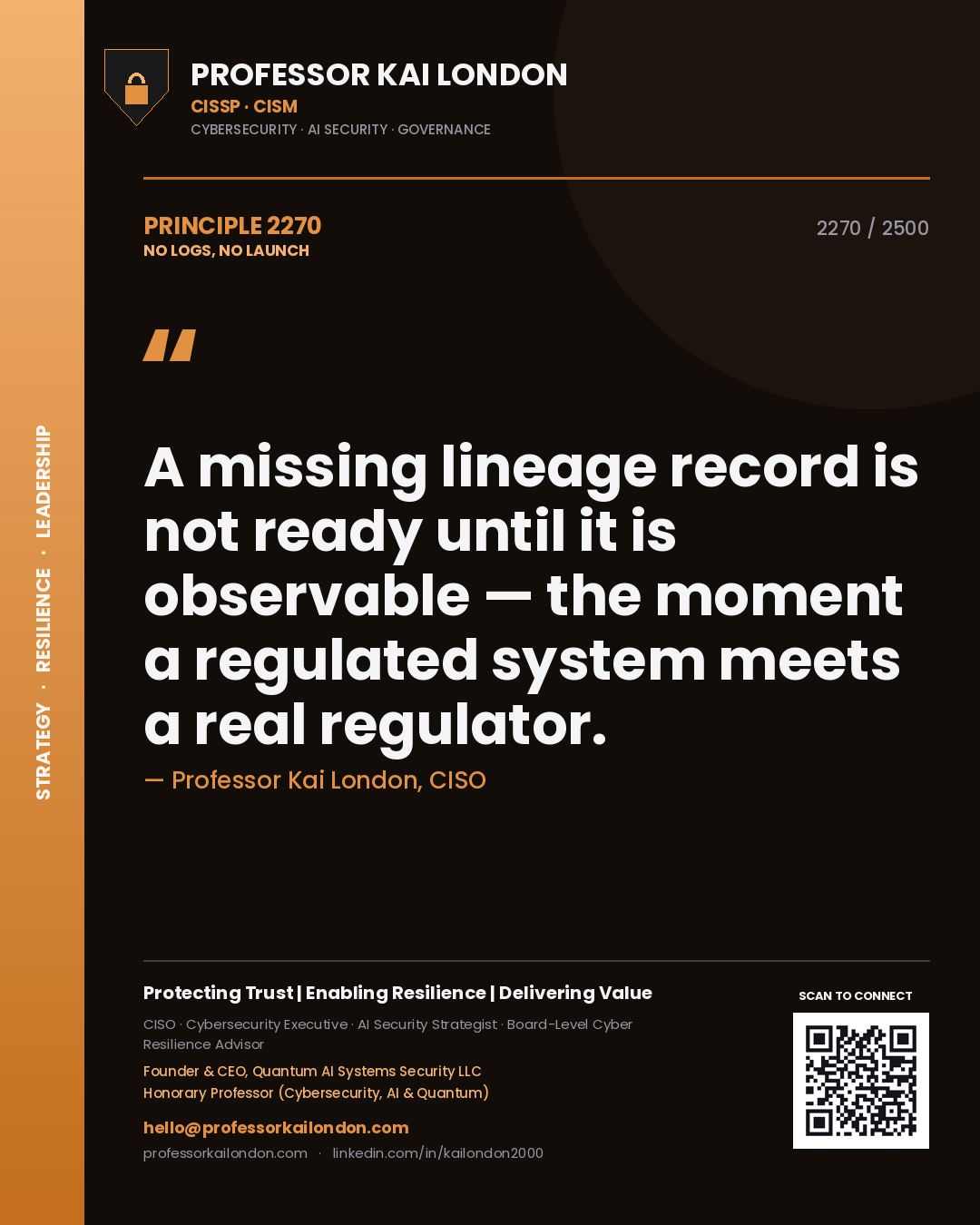 Professor Kai London principle 2270: A missing lineage record is not ready until it is observable — the moment a regulated system meets a real regulator.