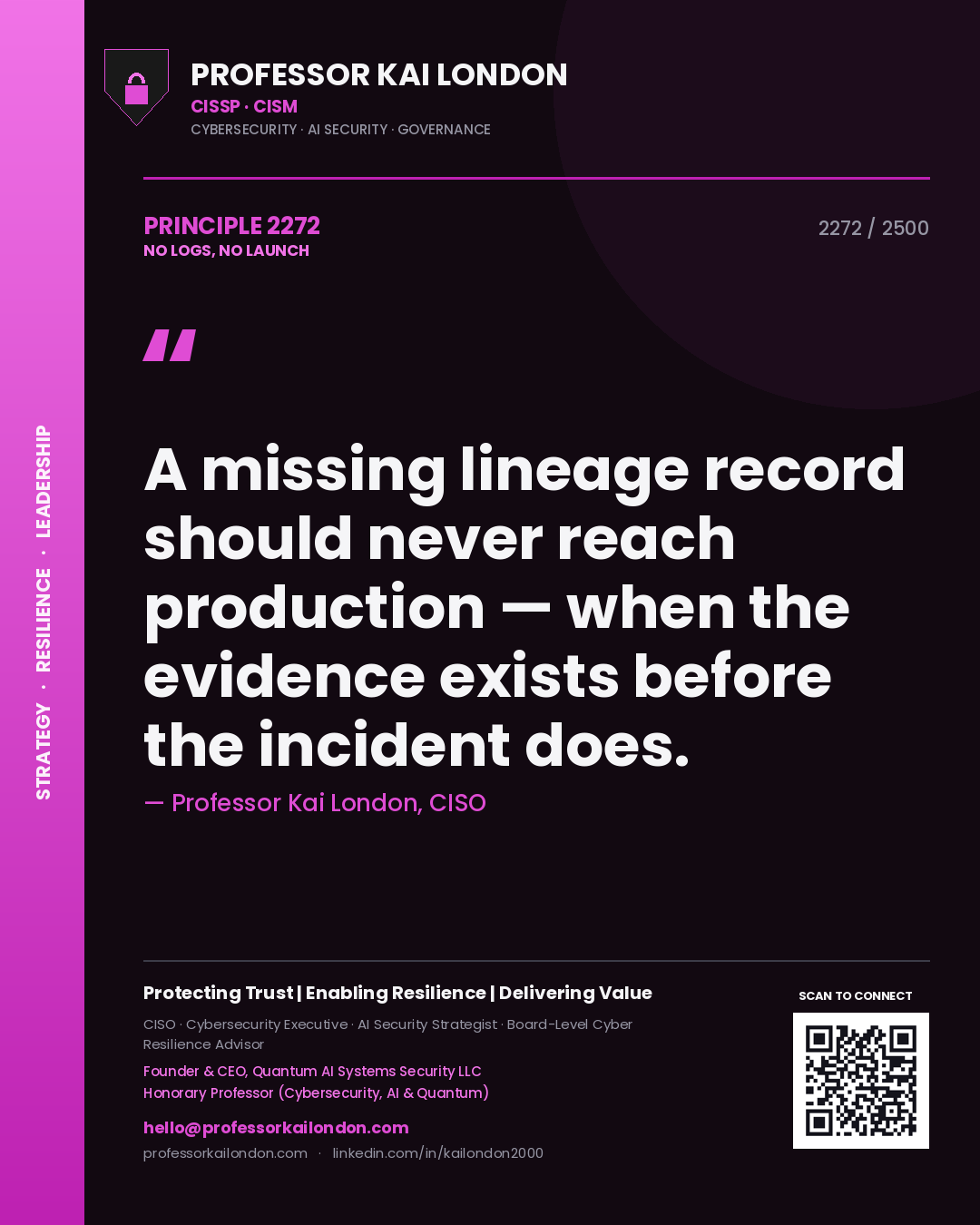 Professor Kai London principle 2272: A missing lineage record should never reach production — when the evidence exists before the incident does.