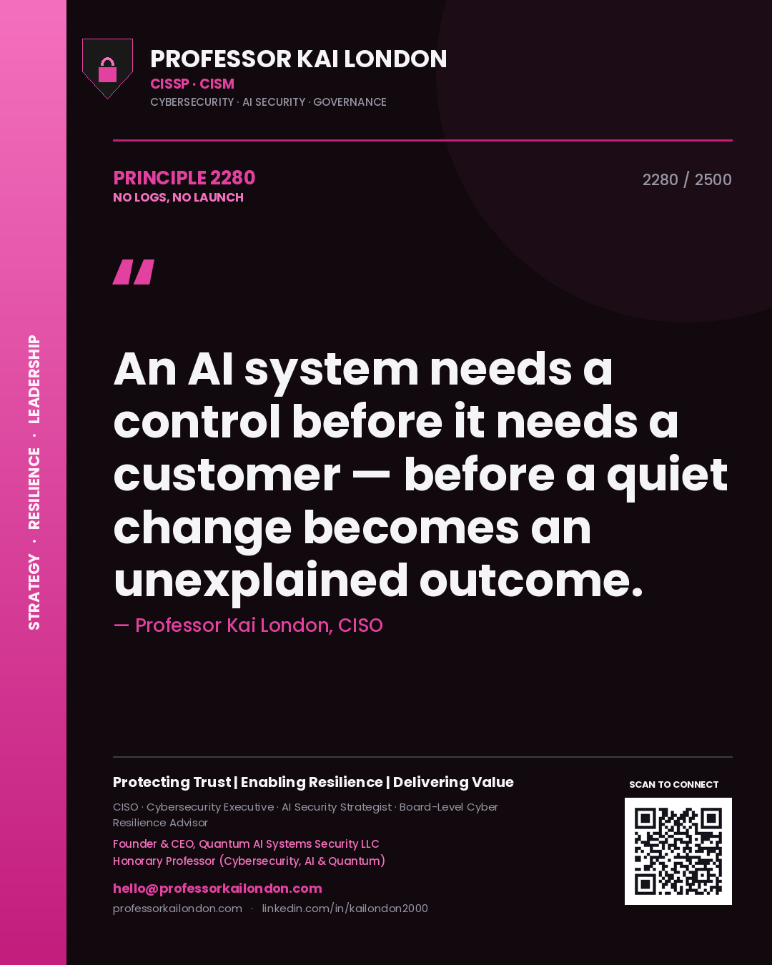 Professor Kai London principle 2280: An AI system needs a control before it needs a customer — before a quiet change becomes an unexplained outcome.