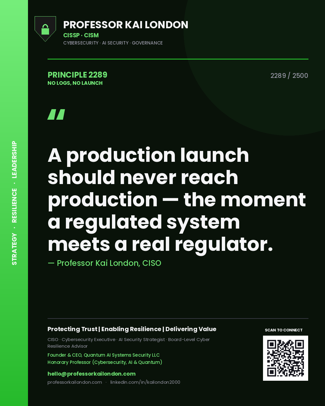 Professor Kai London principle 2289: A production launch should never reach production — the moment a regulated system meets a real regulator.