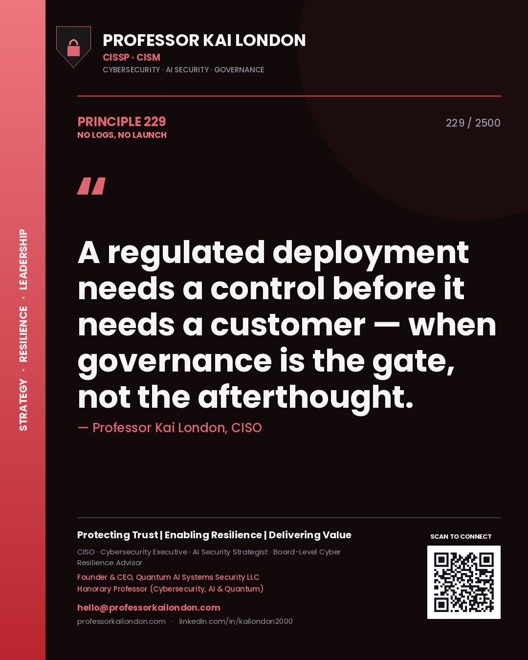 Professor Kai London principle 229: A regulated deployment needs a control before it needs a customer — when governance is the gate, not the afterthought.