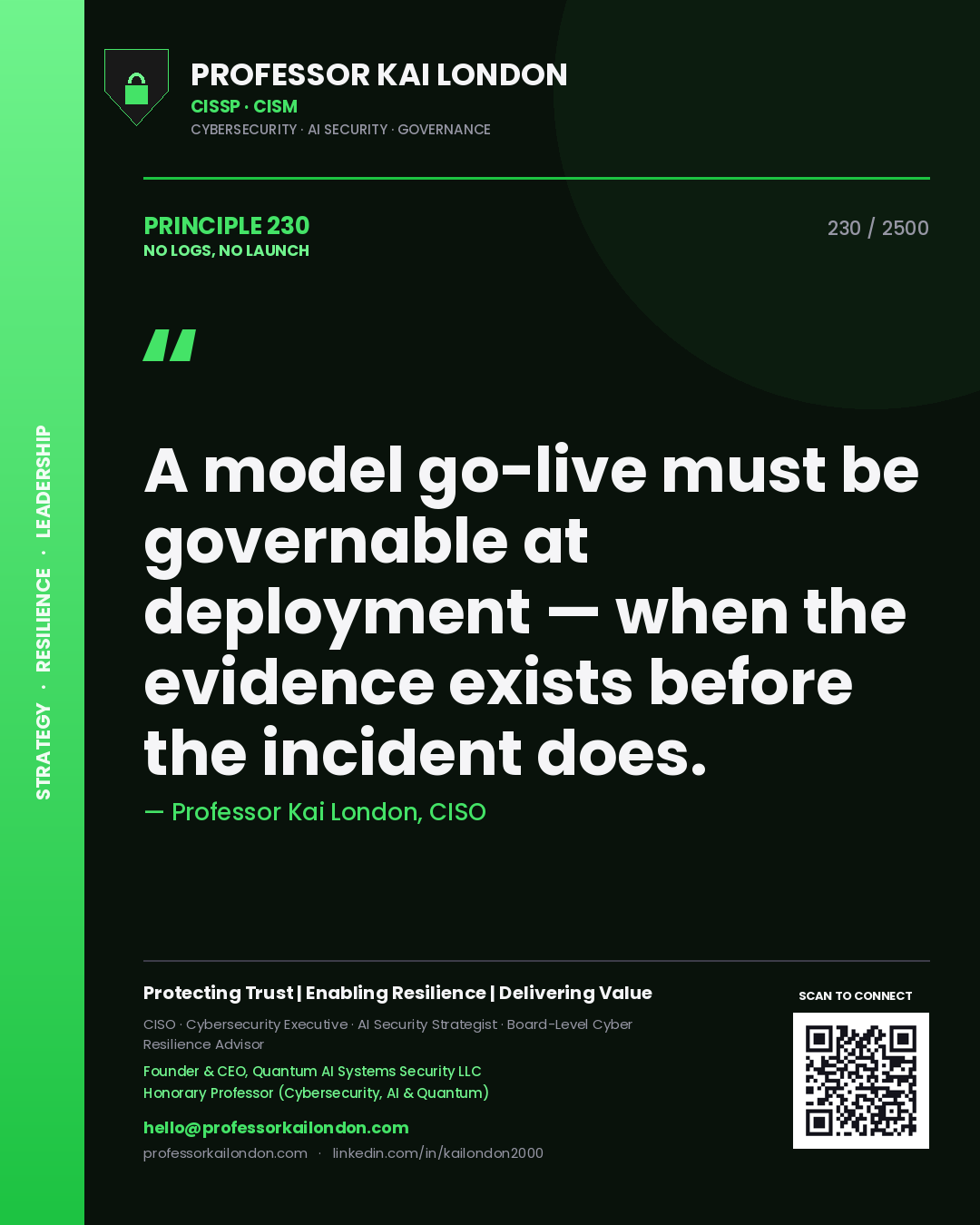 Professor Kai London principle 230: A model go-live must be governable at deployment — when the evidence exists before the incident does.
