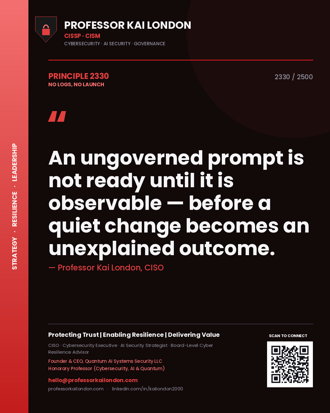 Professor Kai London principle 2330: An ungoverned prompt is not ready until it is observable — before a quiet change becomes an unexplained outcome.