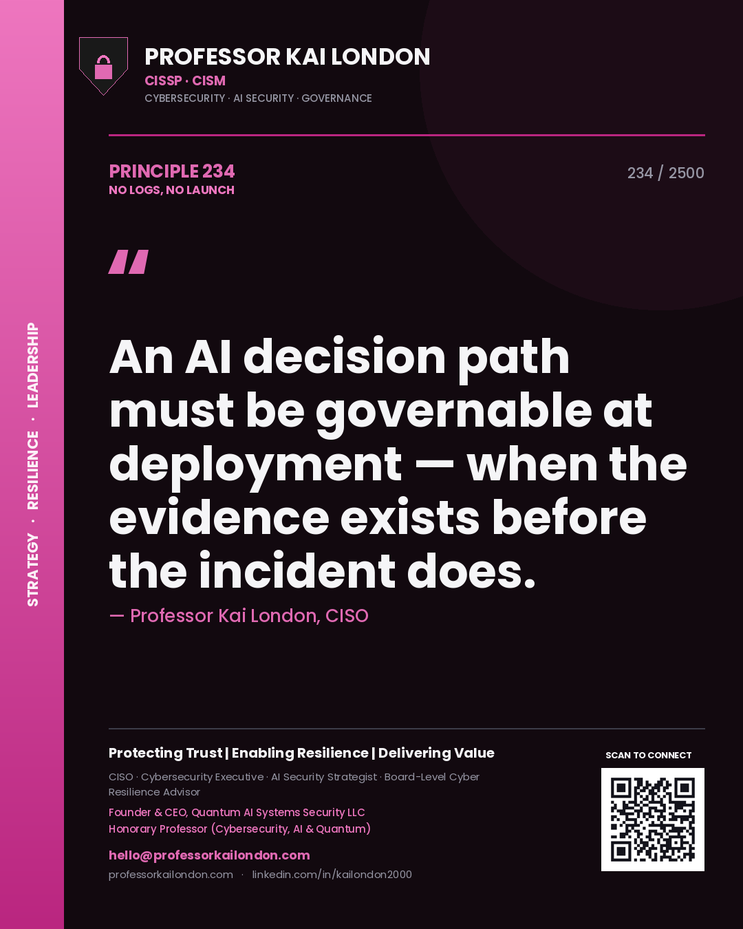 Professor Kai London principle 234: An AI decision path must be governable at deployment — when the evidence exists before the incident does.