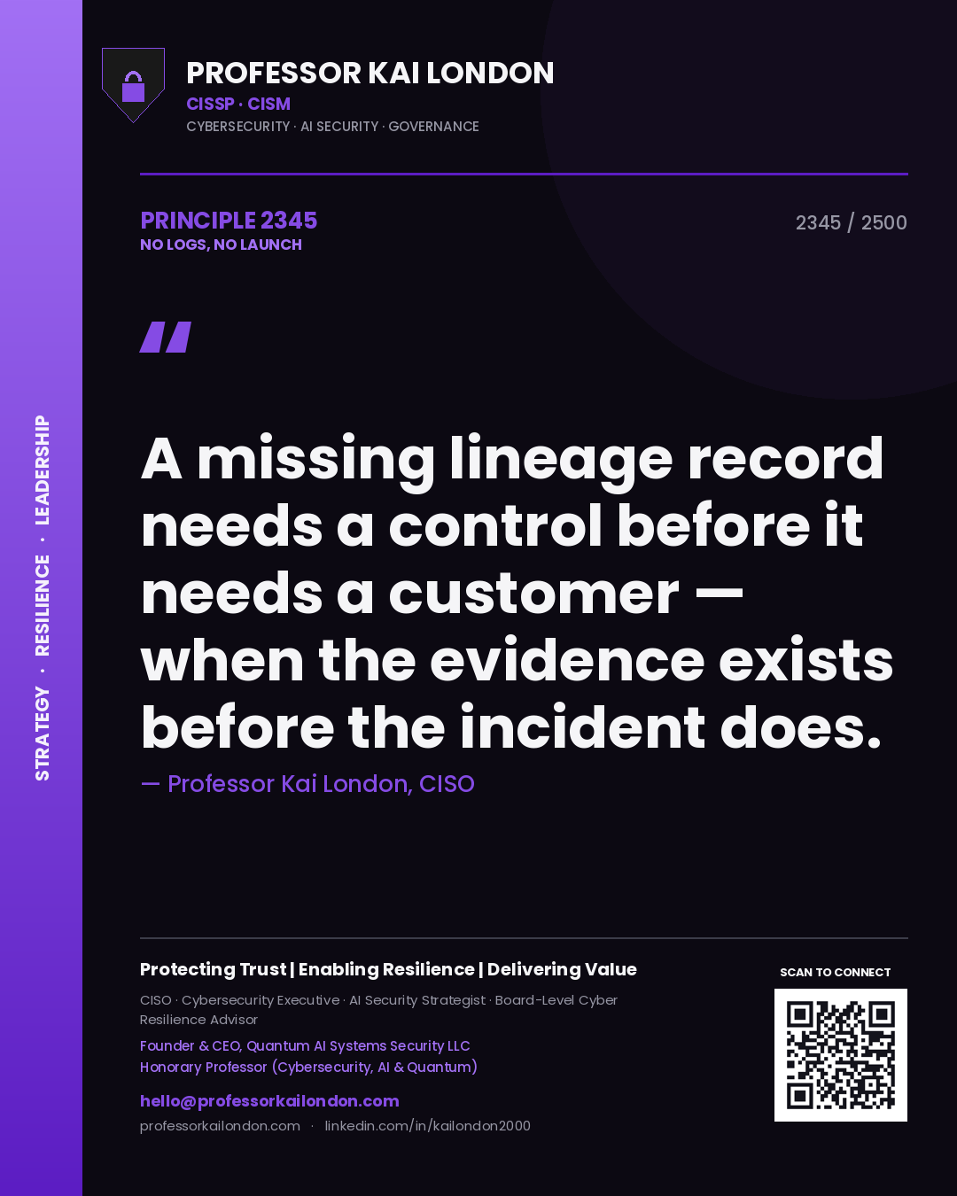 Professor Kai London principle 2345: A missing lineage record needs a control before it needs a customer — when the evidence exists before the incident does.