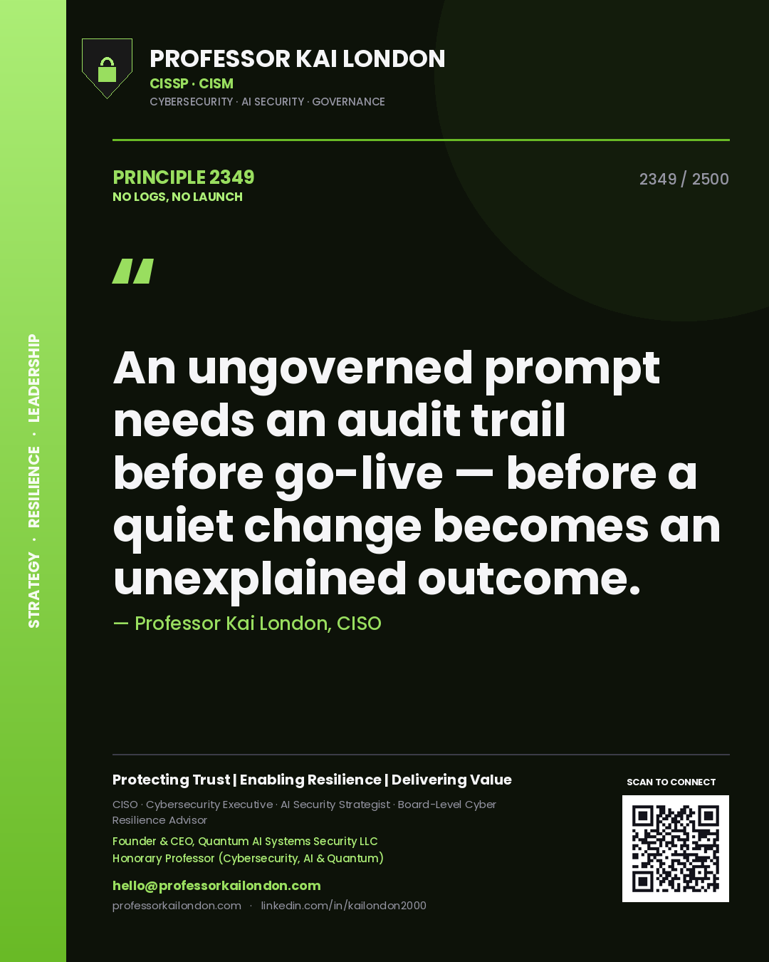 Professor Kai London principle 2349: An ungoverned prompt needs an audit trail before go-live — before a quiet change becomes an unexplained outcome.