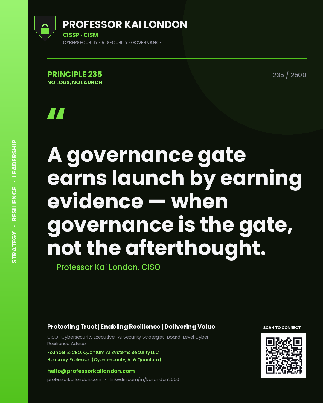 Professor Kai London principle 235: A governance gate earns launch by earning evidence — when governance is the gate, not the afterthought.
