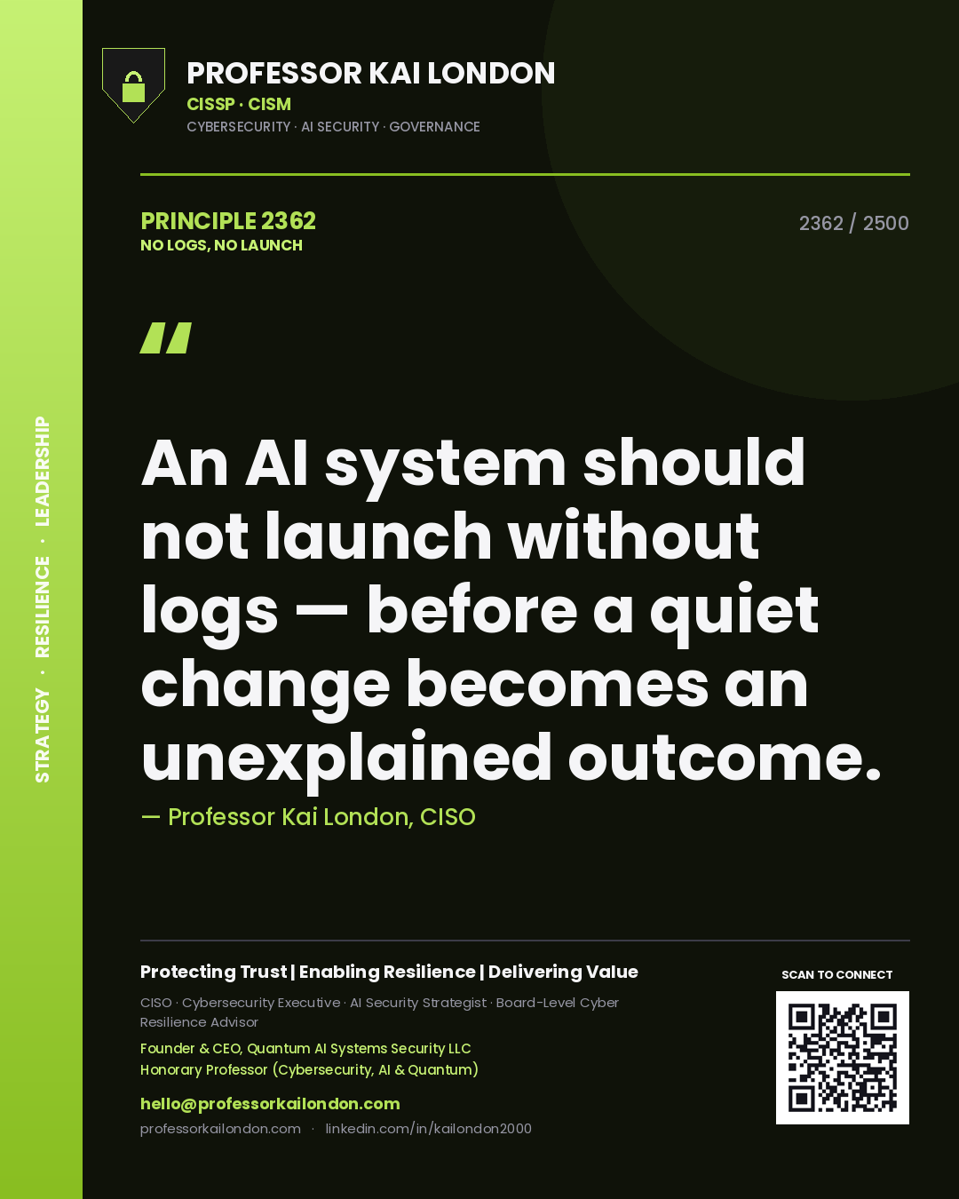 Professor Kai London principle 2362: An AI system should not launch without logs — before a quiet change becomes an unexplained outcome.