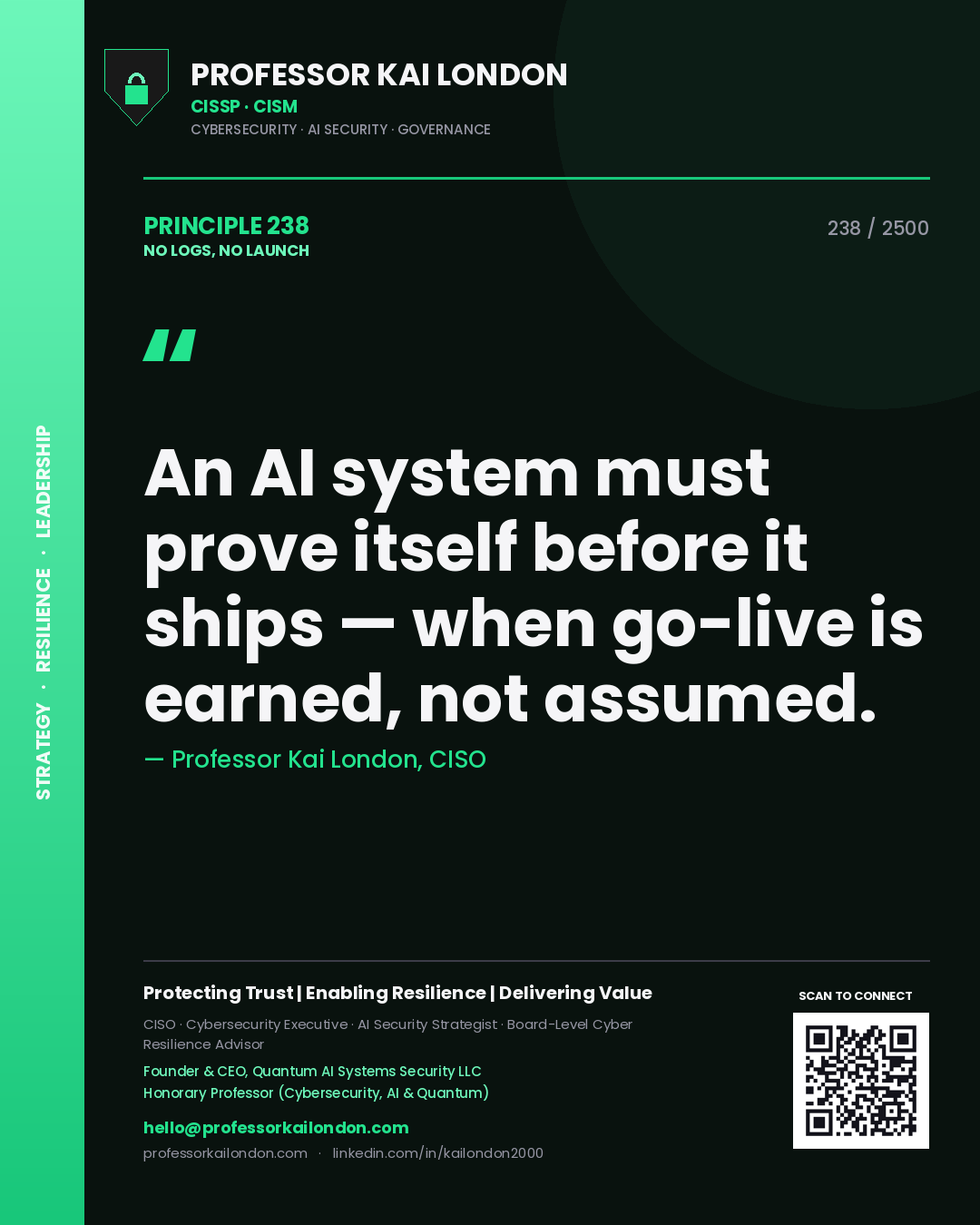 Professor Kai London principle 238: An AI system must prove itself before it ships — when go-live is earned, not assumed.