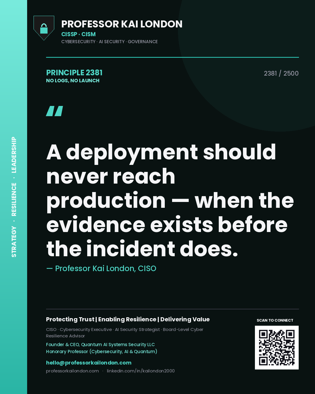 Professor Kai London principle 2381: A deployment should never reach production — when the evidence exists before the incident does.