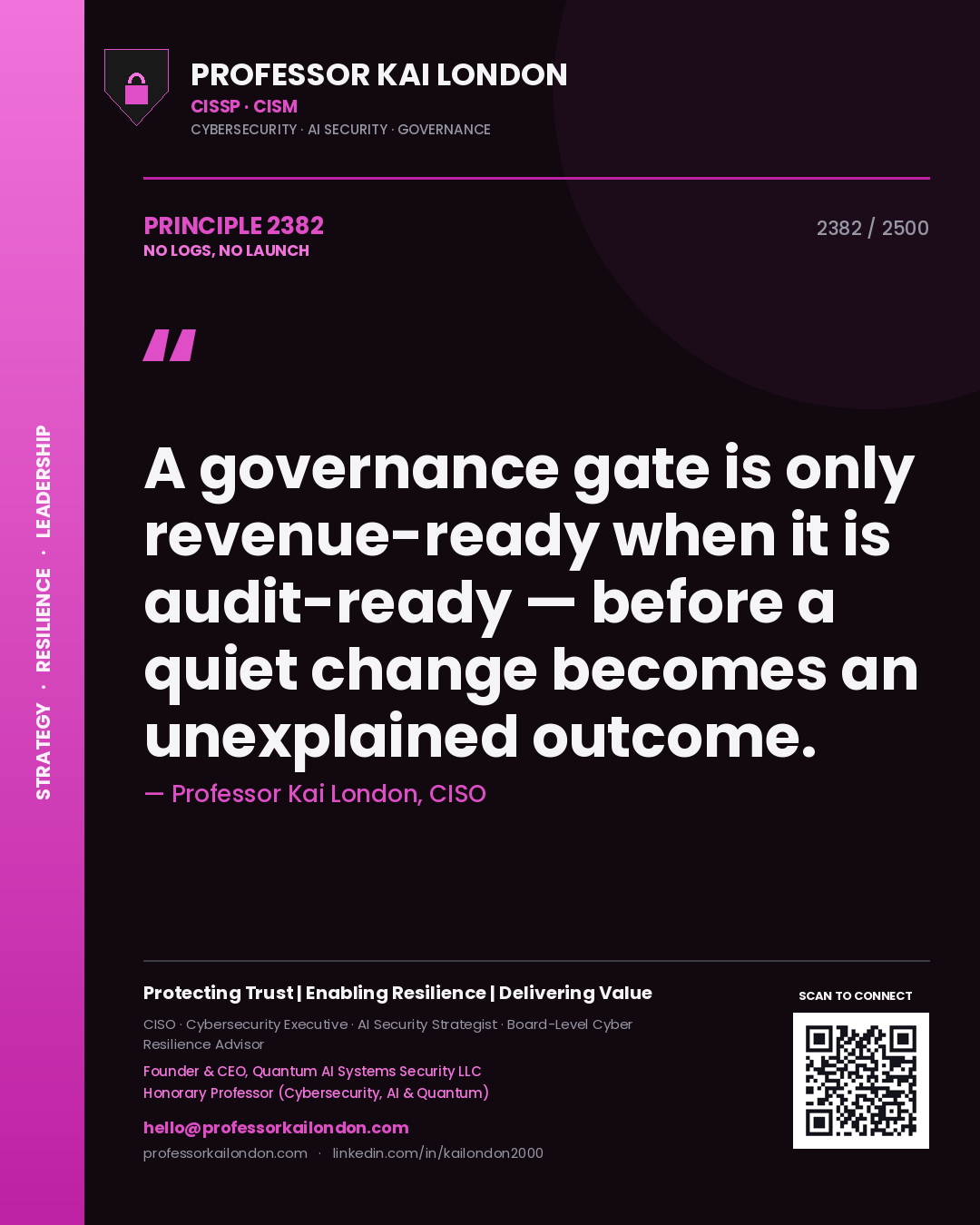 Professor Kai London principle 2382: A governance gate is only revenue-ready when it is audit-ready — before a quiet change becomes an unexplained outcome.