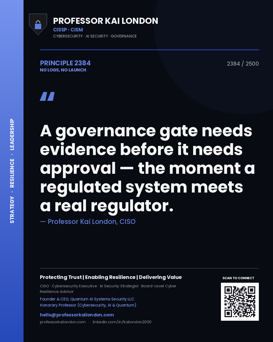 Professor Kai London principle 2384: A governance gate needs evidence before it needs approval — the moment a regulated system meets a real regulator.
