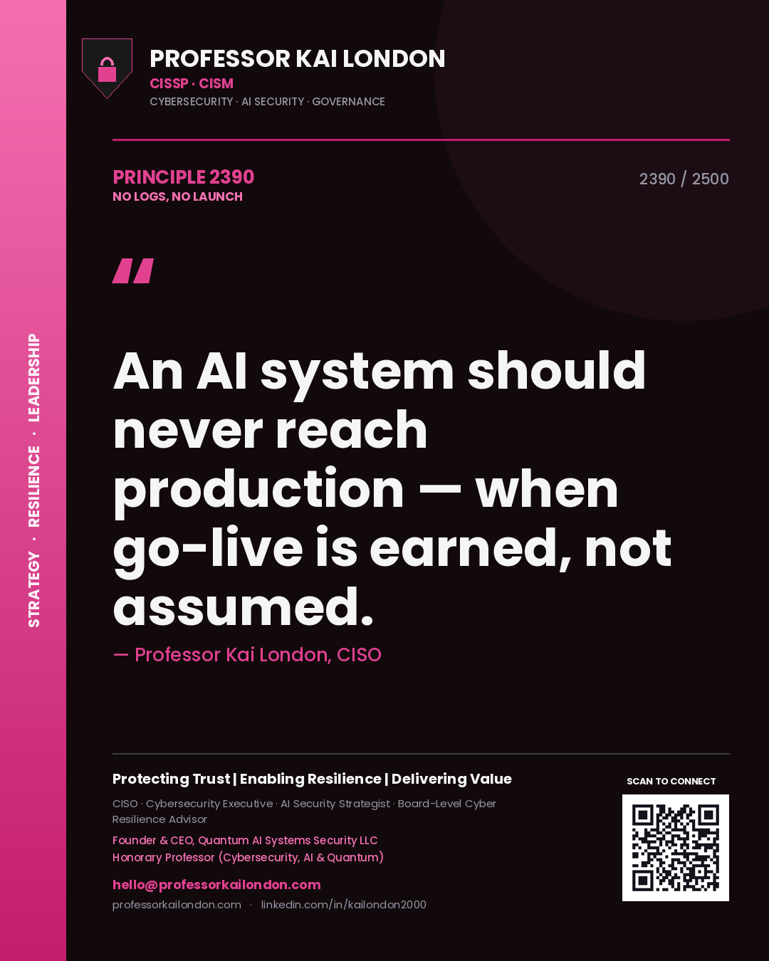 Quote card by Professor Kai London reading 'An AI system should never reach production — when go-live is earned, not assumed.'. From the book No Logs, No Launch.