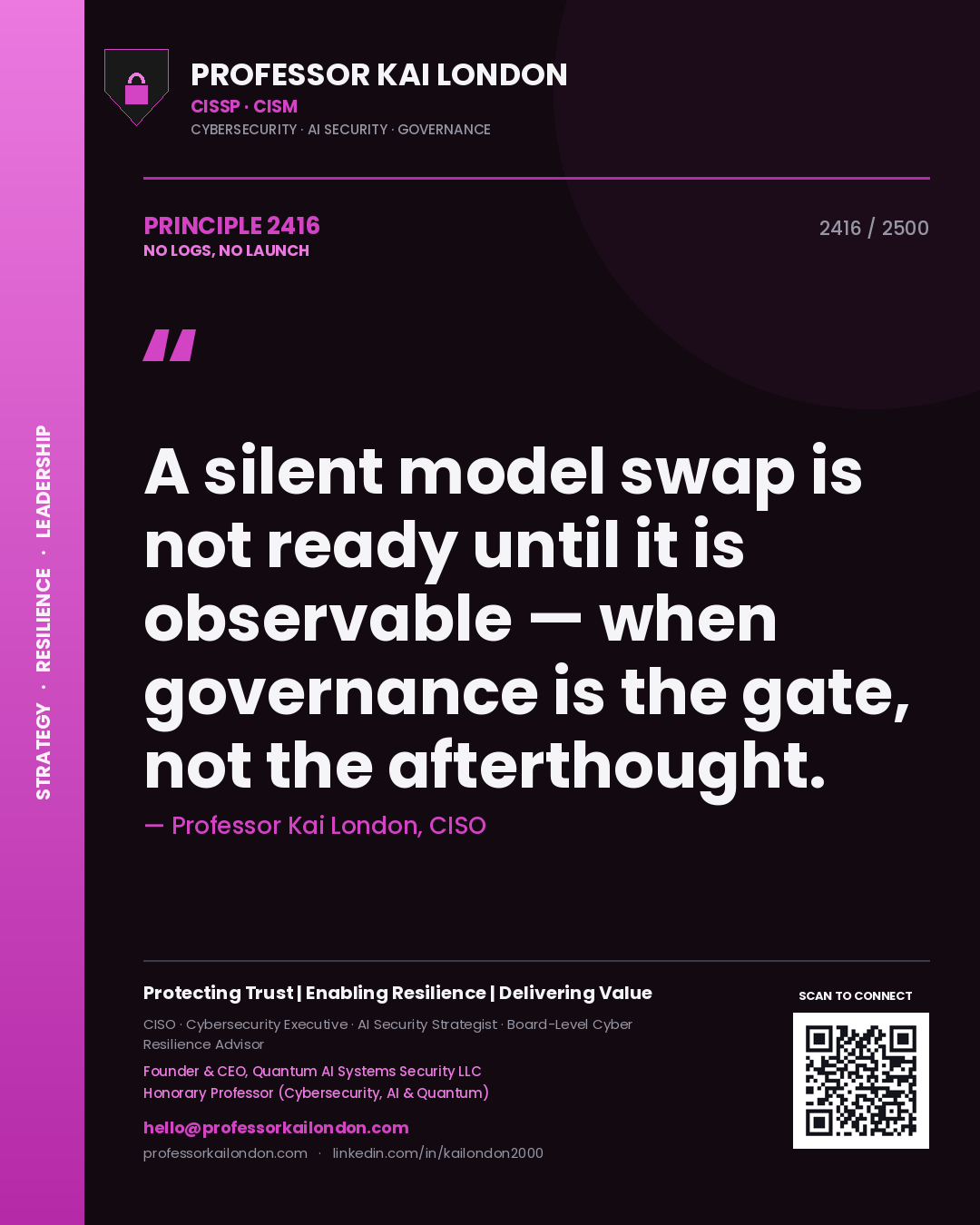 Quote card by Professor Kai London reading 'A silent model swap is not ready until it is observable — when governance is the gate, not the afterthought.'. From the book No Logs, No Launch.