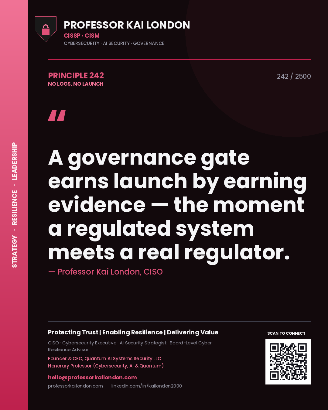 Professor Kai London principle 242: A governance gate earns launch by earning evidence — the moment a regulated system meets a real regulator.