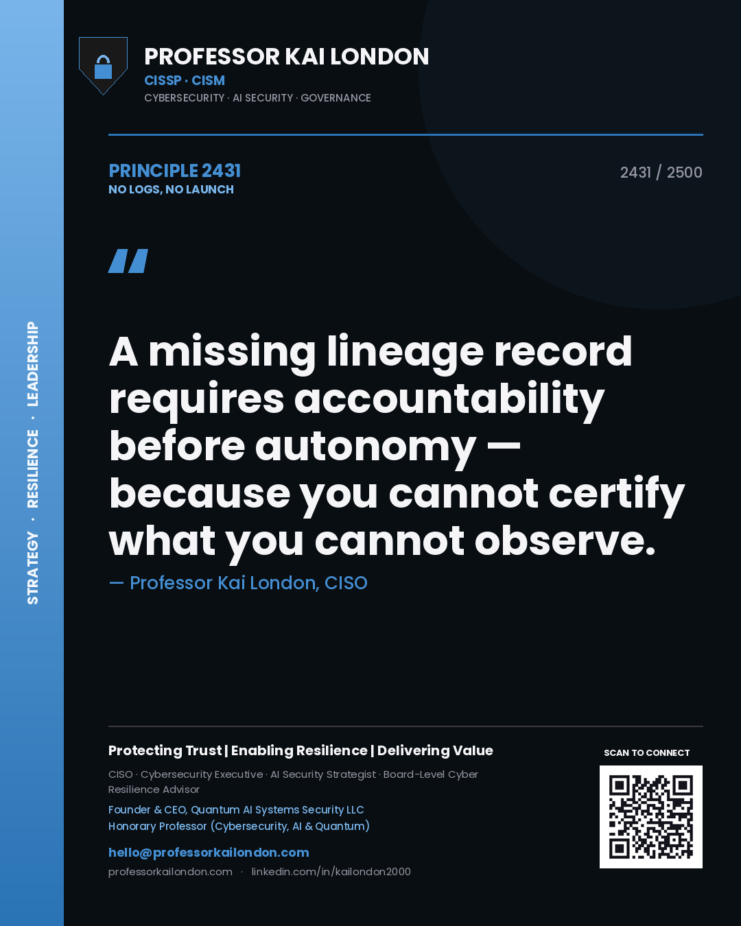 Quote card by Professor Kai London reading 'A missing lineage record requires accountability before autonomy — because you cannot certify what you cannot observe.'. From the book No Logs, No Launch.