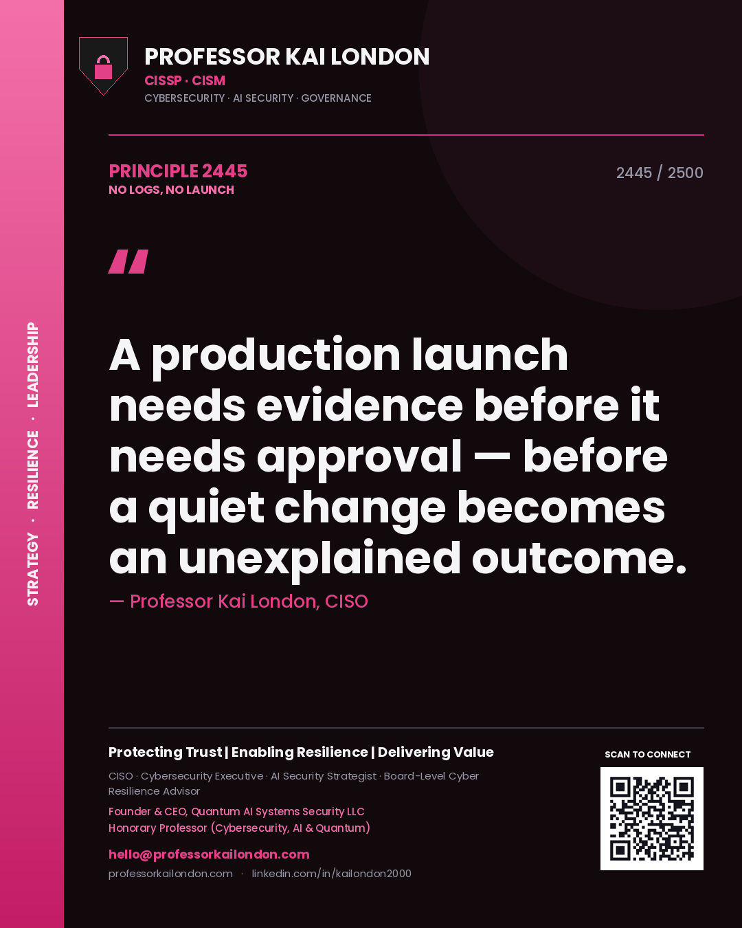 Professor Kai London principle 2445: A production launch needs evidence before it needs approval — before a quiet change becomes an unexplained outcome.