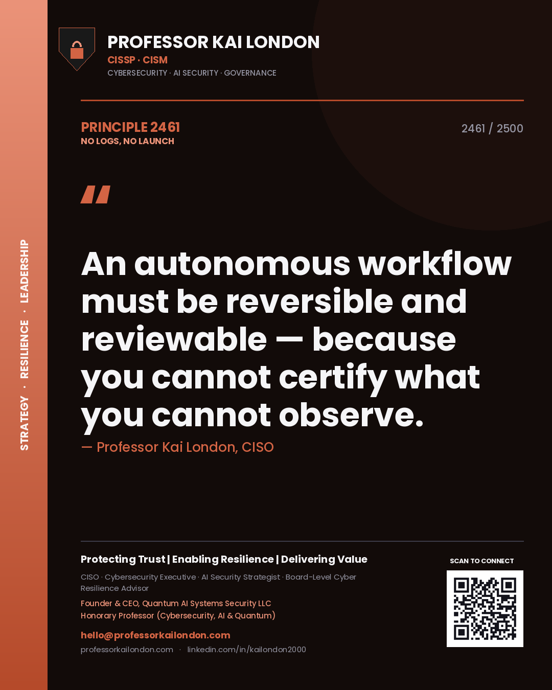 Quote card by Professor Kai London reading 'An autonomous workflow must be reversible and reviewable — because you cannot certify what you cannot observe.'. From the book No Logs, No Launch.