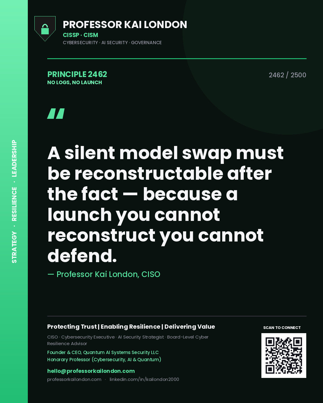 Quote card by Professor Kai London reading 'A silent model swap must be reconstructable after the fact — because a launch you cannot reconstruct you cannot defend.'. From the book No Logs, No Launch.