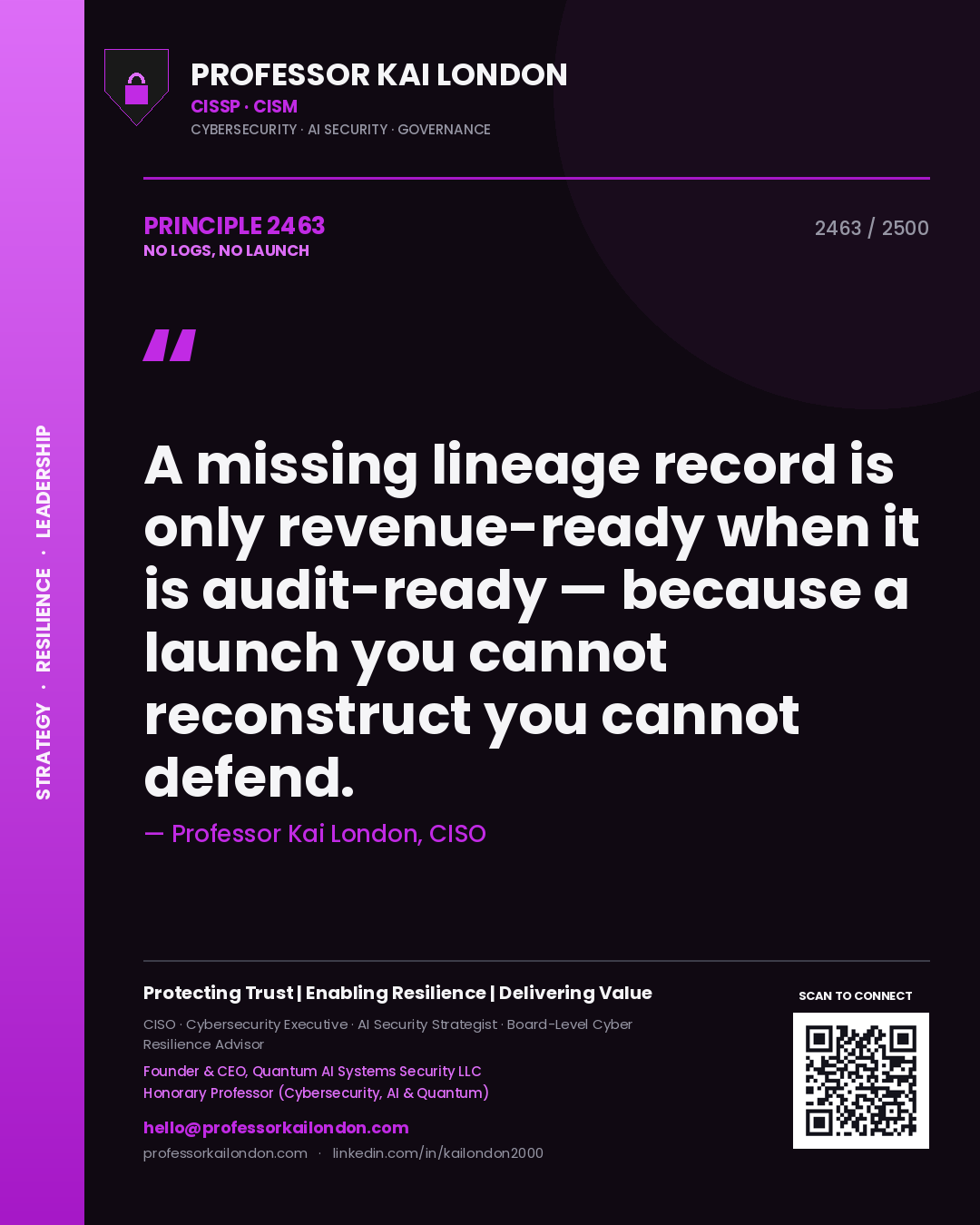 Professor Kai London principle 2463: A missing lineage record is only revenue-ready when it is audit-ready — because a launch you cannot reconstruct you cannot defend.